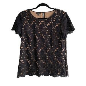 TALBOTS Lace Crew Neck Short Sleeve Blouse Black Camel 10